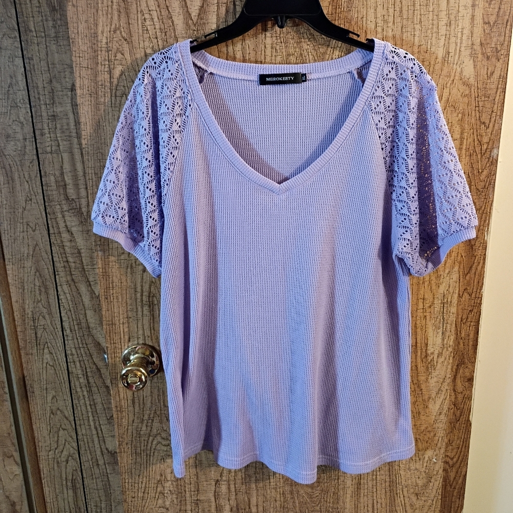 Women's Merokeety Purple Waffle Design Lace Balloon Sleeves Top  XL
